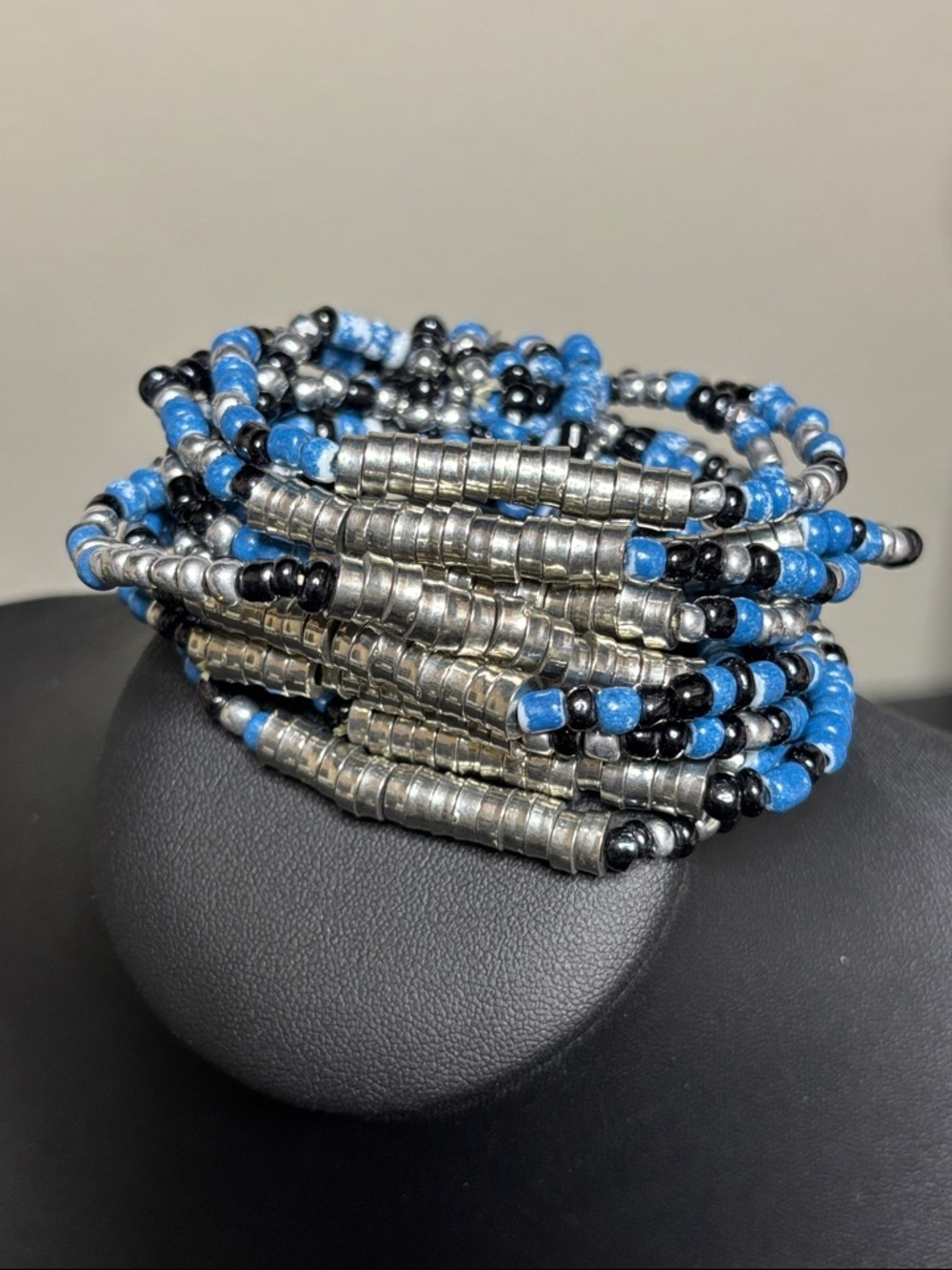Boho Seed Blue Silver Tone Multi Strand Stretch Statement Bracelet